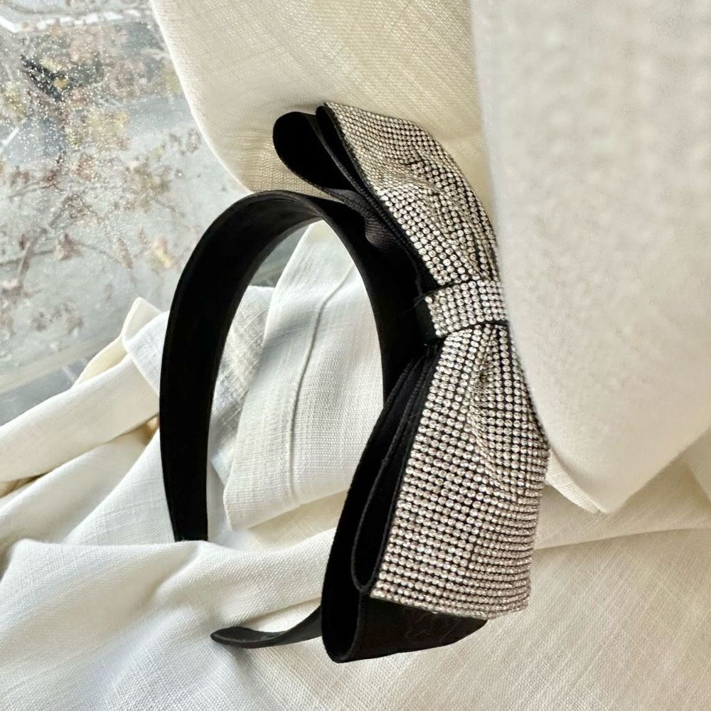 Sparkly Rhinestone black satin bow headband ￼ - Picture 4 of 6